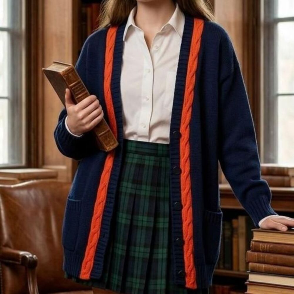 Vintage Starwear Navy & Red Cable Knit Trim Cardigan L academia preppy classic
